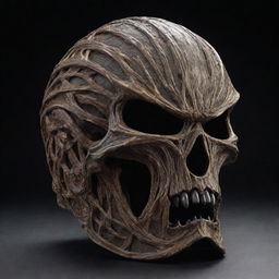 A menacing helmet characterized by an organic, visceral design that showcases rich textures, like sinew and muscle. The helmet should project a sense of powerful and eerie beauty.