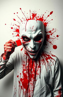 An artistic representation of a bloody painter against a contrasting white background, featuring a large, detailed mask of a psychopath prominently placed in the center