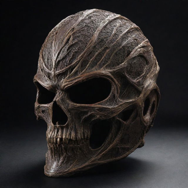 A menacing helmet characterized by an organic, visceral design that showcases rich textures, like sinew and muscle. The helmet should project a sense of powerful and eerie beauty.