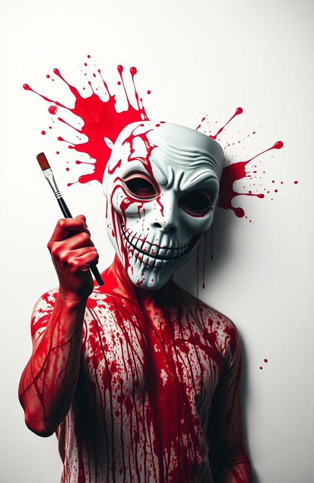 An artistic representation of a bloody painter against a contrasting white background, featuring a large, detailed mask of a psychopath prominently placed in the center