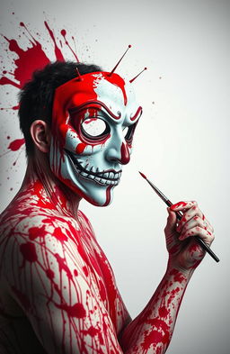 An artistic representation of a bloody painter against a contrasting white background, featuring a large, detailed mask of a psychopath prominently placed in the center