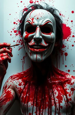 An artistic representation of a bloody painter against a contrasting white background, featuring a large, detailed mask of a psychopath prominently placed in the center