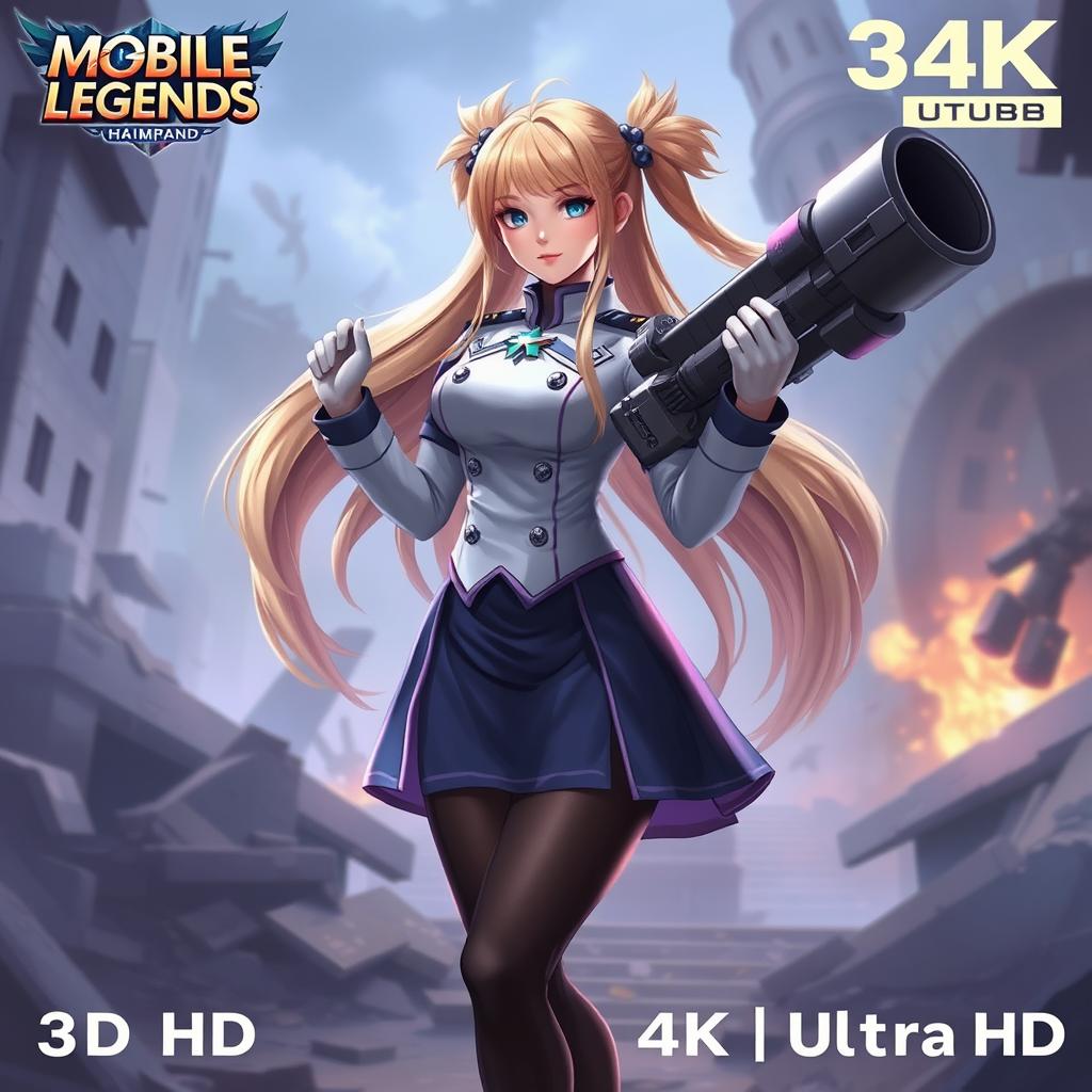A beautiful girl named Layla Hibah from Mobile Legends, featuring long blonde hair styled in two pigtails