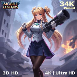 A beautiful girl named Layla Hibah from Mobile Legends, featuring long blonde hair styled in two pigtails