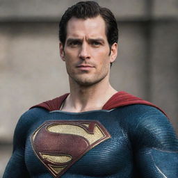 A vivid image of Henry Cavill wearing the distinctively armoured Injustice Superman costume, featuring the emblematic red and gold 'S' on his chest.