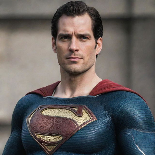 A vivid image of Henry Cavill wearing the distinctively armoured Injustice Superman costume, featuring the emblematic red and gold 'S' on his chest.