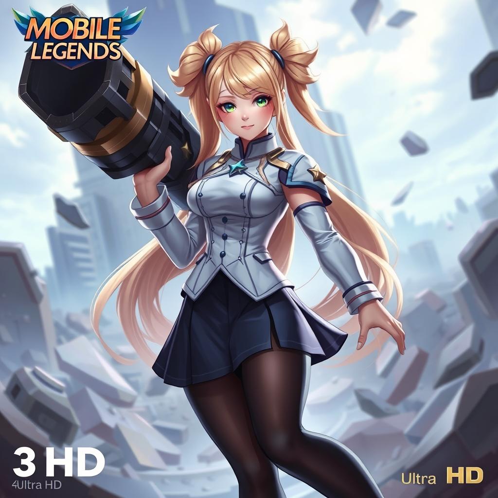 A beautiful girl named Layla Hibah from Mobile Legends, featuring long blonde hair styled in two pigtails