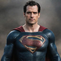 A vivid image of Henry Cavill wearing the distinctively armoured Injustice Superman costume, featuring the emblematic red and gold 'S' on his chest.