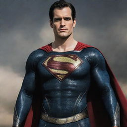 A vivid image of Henry Cavill wearing the distinctively armoured Injustice Superman costume, featuring the emblematic red and gold 'S' on his chest.