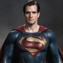 A vivid image of Henry Cavill wearing the distinctively armoured Injustice Superman costume, featuring the emblematic red and gold 'S' on his chest.