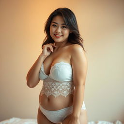 A chubby Japanese mature woman gracefully posed in white underwear, showcasing her confidence and beauty