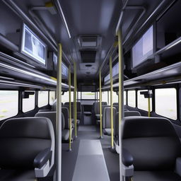 The interior of a penitentiary bus, characterized by its individual high-security compartments, camera surveillance systems, and sturdy, minimalistic seating.