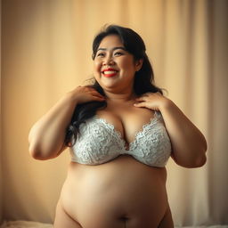 A fat Japanese mature woman exuding confidence and grace, dressed in elegant white lingerie