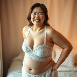 A fat Japanese mature woman exuding confidence and grace, dressed in elegant white lingerie