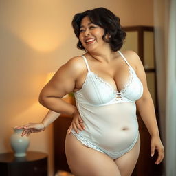 A fat Japanese mature woman exuding confidence and grace, dressed in elegant white lingerie