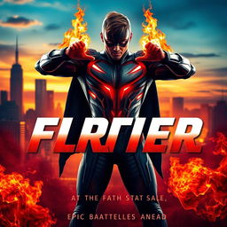 A cinematic superhero film poster featuring a powerful superhero with fire powers