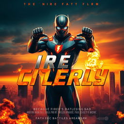 A cinematic superhero film poster featuring a powerful superhero with fire powers