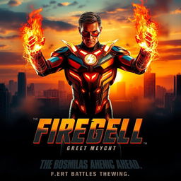 A cinematic superhero film poster featuring a powerful superhero with fire powers