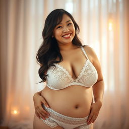 A fat Japanese woman confidently posing in stunning white lingerie that highlights her curves