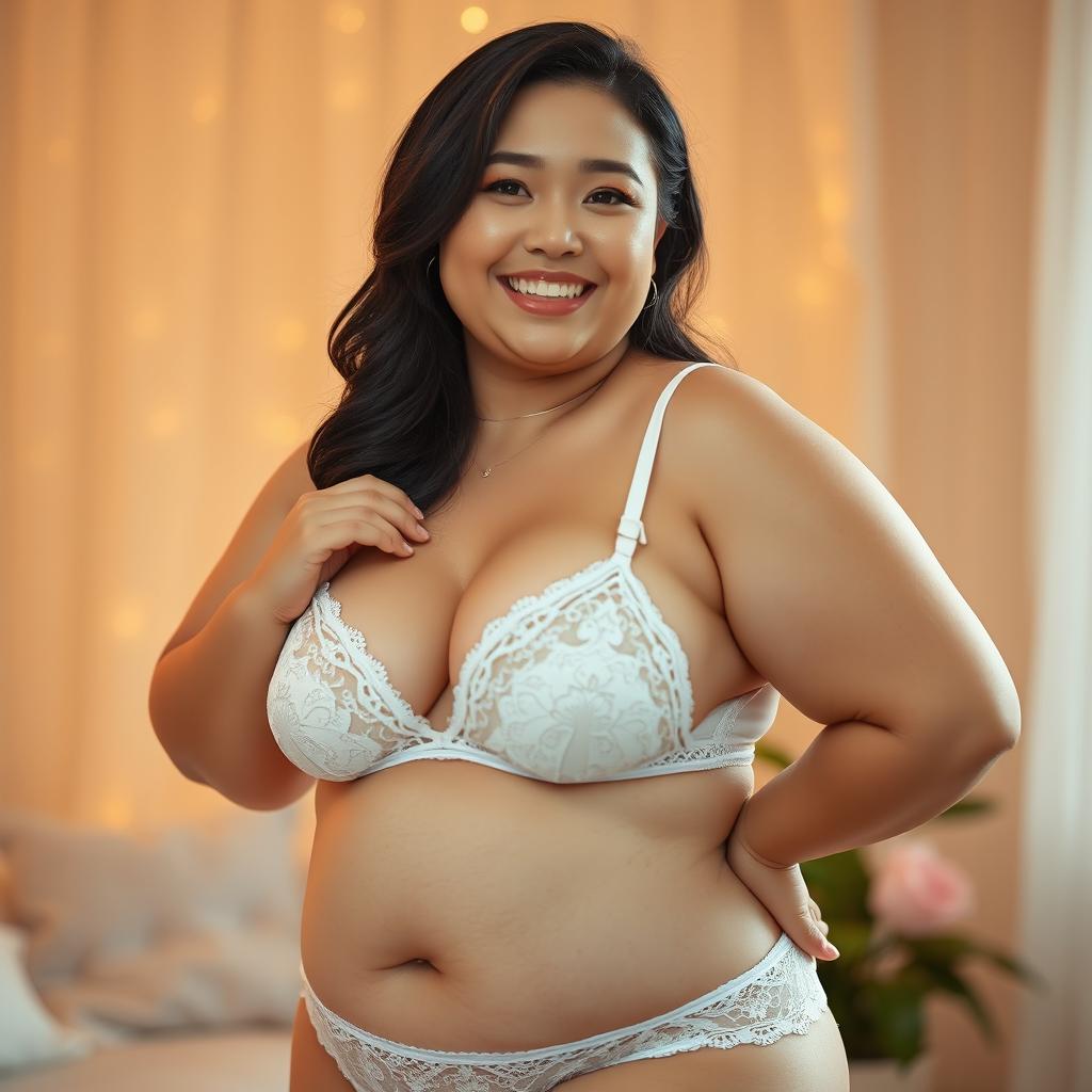 A fat Japanese woman confidently posing in stunning white lingerie that highlights her curves