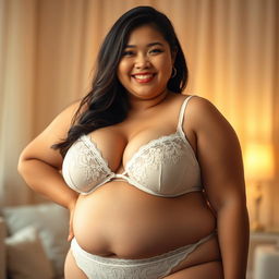 A fat Japanese woman confidently posing in stunning white lingerie that highlights her curves