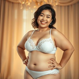 A fat Japanese woman confidently posing in stunning white lingerie that highlights her curves