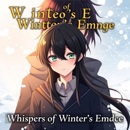 The cover of 'Whispers of Winter's Embrace' featuring Kazuki in anime style, standing in the foreground against a cold, snowy backdrop