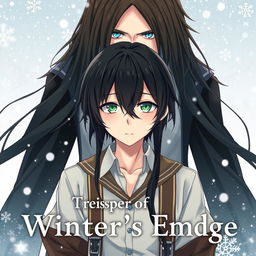 The cover of 'Whispers of Winter's Embrace' featuring Kazuki in anime style, standing in the foreground against a cold, snowy backdrop