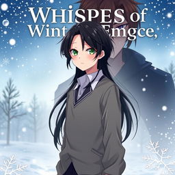 The cover of 'Whispers of Winter's Embrace' featuring Kazuki in anime style, standing in the foreground against a cold, snowy backdrop