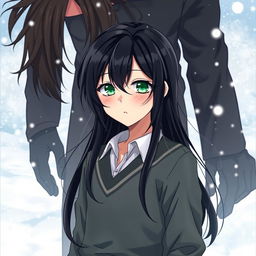 The cover of 'Whispers of Winter's Embrace' featuring Kazuki in anime style, standing in the foreground against a cold, snowy backdrop