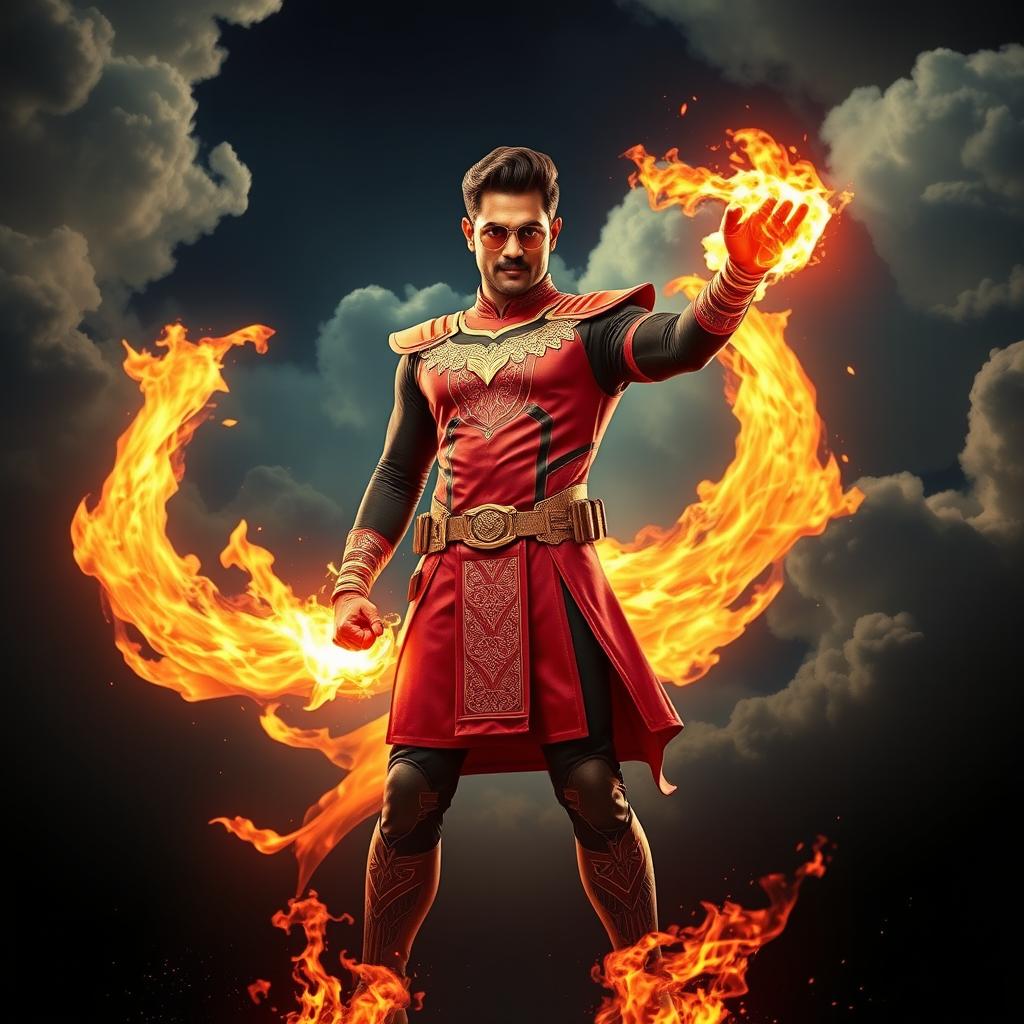 An Indian superhero showcasing impressive fire powers, standing confidently in a traditional Indian superhero suit that blends modern design elements with cultural motifs