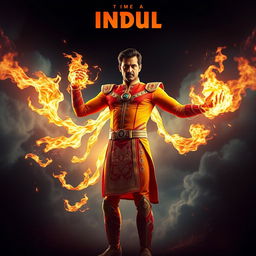 An Indian superhero showcasing impressive fire powers, standing confidently in a traditional Indian superhero suit that blends modern design elements with cultural motifs