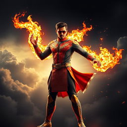 An Indian superhero showcasing impressive fire powers, standing confidently in a traditional Indian superhero suit that blends modern design elements with cultural motifs