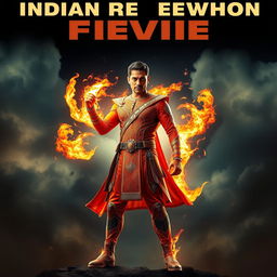 An Indian superhero showcasing impressive fire powers, standing confidently in a traditional Indian superhero suit that blends modern design elements with cultural motifs