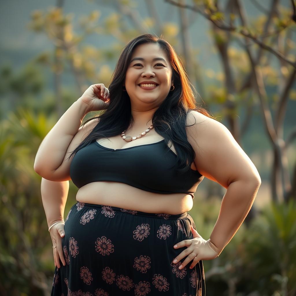 A fat Japanese woman gracefully posed in a natural setting, celebrating her body in an artistic and tasteful manner