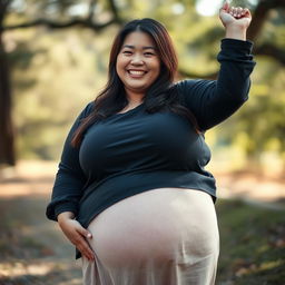 A fat Japanese woman gracefully posed in a natural setting, celebrating her body in an artistic and tasteful manner