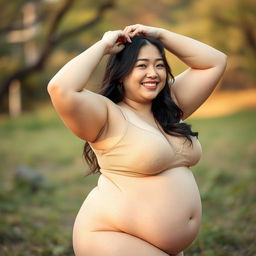 A fat Japanese woman gracefully posed in a natural setting, celebrating her body in an artistic and tasteful manner