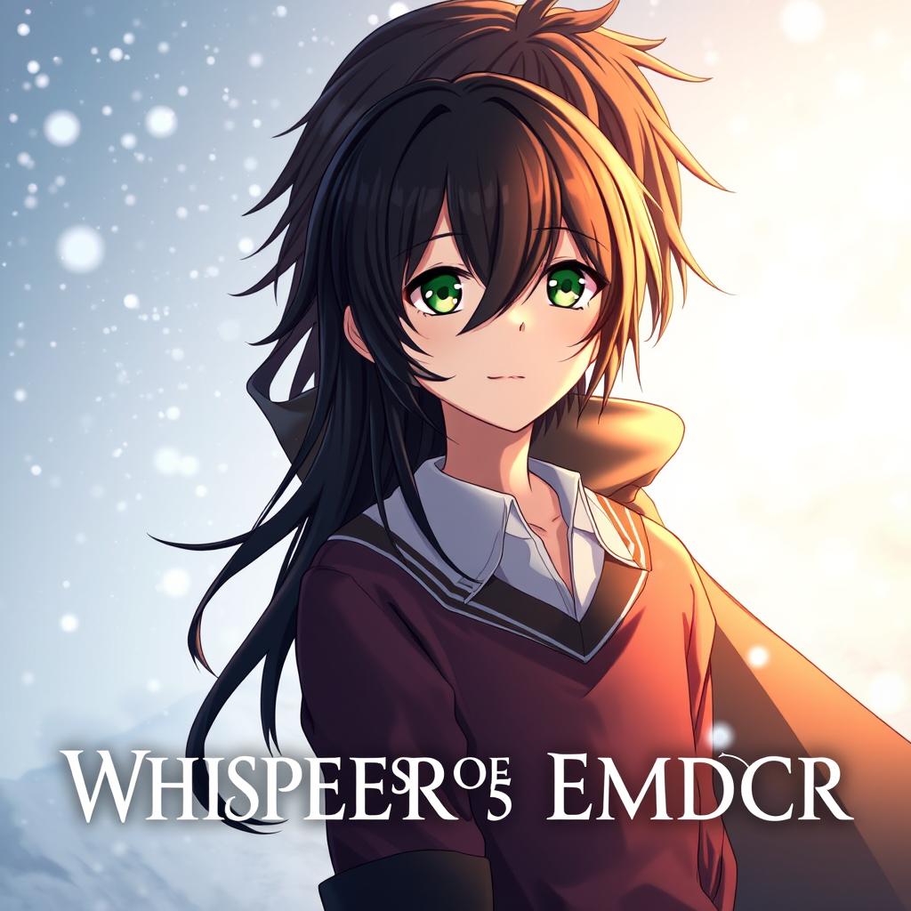 The cover of 'Whispers of Winter's Embrace' featuring Kazuki in anime style, standing in the foreground against a cold, snowy backdrop