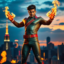 An Indian superhero standing heroically, showcasing his dynamic fire powers with flames emanating from his hands, dressed in a sleek and stylish Indian superhero suit that is form-fitting and colorful with traditional patterns