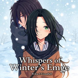 The cover of 'Whispers of Winter's Embrace' featuring Kazuki in anime style, standing in the foreground against a cold, snowy backdrop