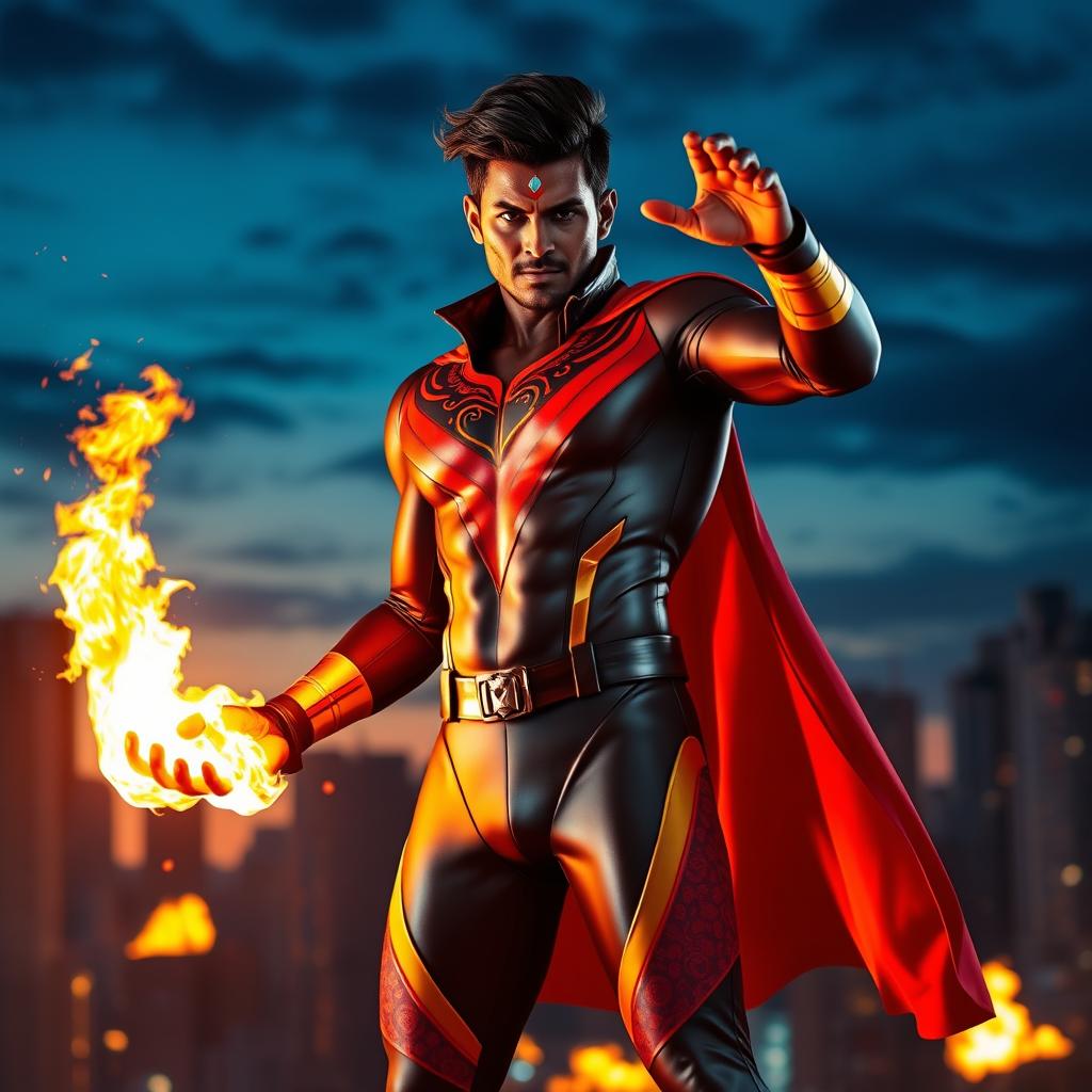 An Indian superhero standing heroically, showcasing his dynamic fire powers with flames emanating from his hands, dressed in a sleek and stylish Indian superhero suit that is form-fitting and colorful with traditional patterns