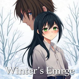 The cover of 'Whispers of Winter's Embrace' featuring Kazuki in anime style, standing in the foreground against a cold, snowy backdrop