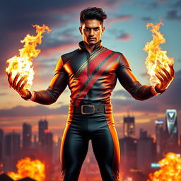 An Indian superhero standing heroically, showcasing his dynamic fire powers with flames emanating from his hands, dressed in a sleek and stylish Indian superhero suit that is form-fitting and colorful with traditional patterns