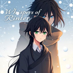 The cover of 'Whispers of Winter's Embrace' featuring Kazuki in anime style, standing in the foreground against a cold, snowy backdrop