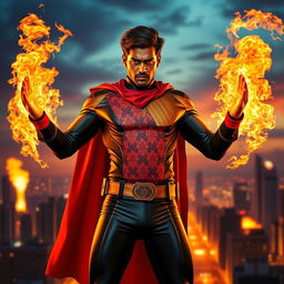 An Indian superhero standing heroically, showcasing his dynamic fire powers with flames emanating from his hands, dressed in a sleek and stylish Indian superhero suit that is form-fitting and colorful with traditional patterns