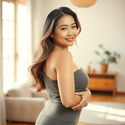 A portrait of a beautiful, curvy Japanese woman in her mature age, exuding confidence and grace