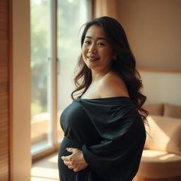 A portrait of a beautiful, curvy Japanese woman in her mature age, exuding confidence and grace