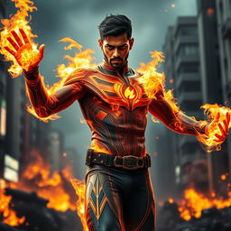 An Indian superhero in a fire-resistant skinny suit, demonstrating his incredible fire powers with flames swirling around him, as he harnesses his full potential