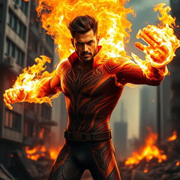 An Indian superhero in a fire-resistant skinny suit, demonstrating his incredible fire powers with flames swirling around him, as he harnesses his full potential