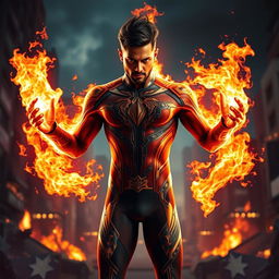 An Indian superhero in a fire-resistant skinny suit, demonstrating his incredible fire powers with flames swirling around him, as he harnesses his full potential